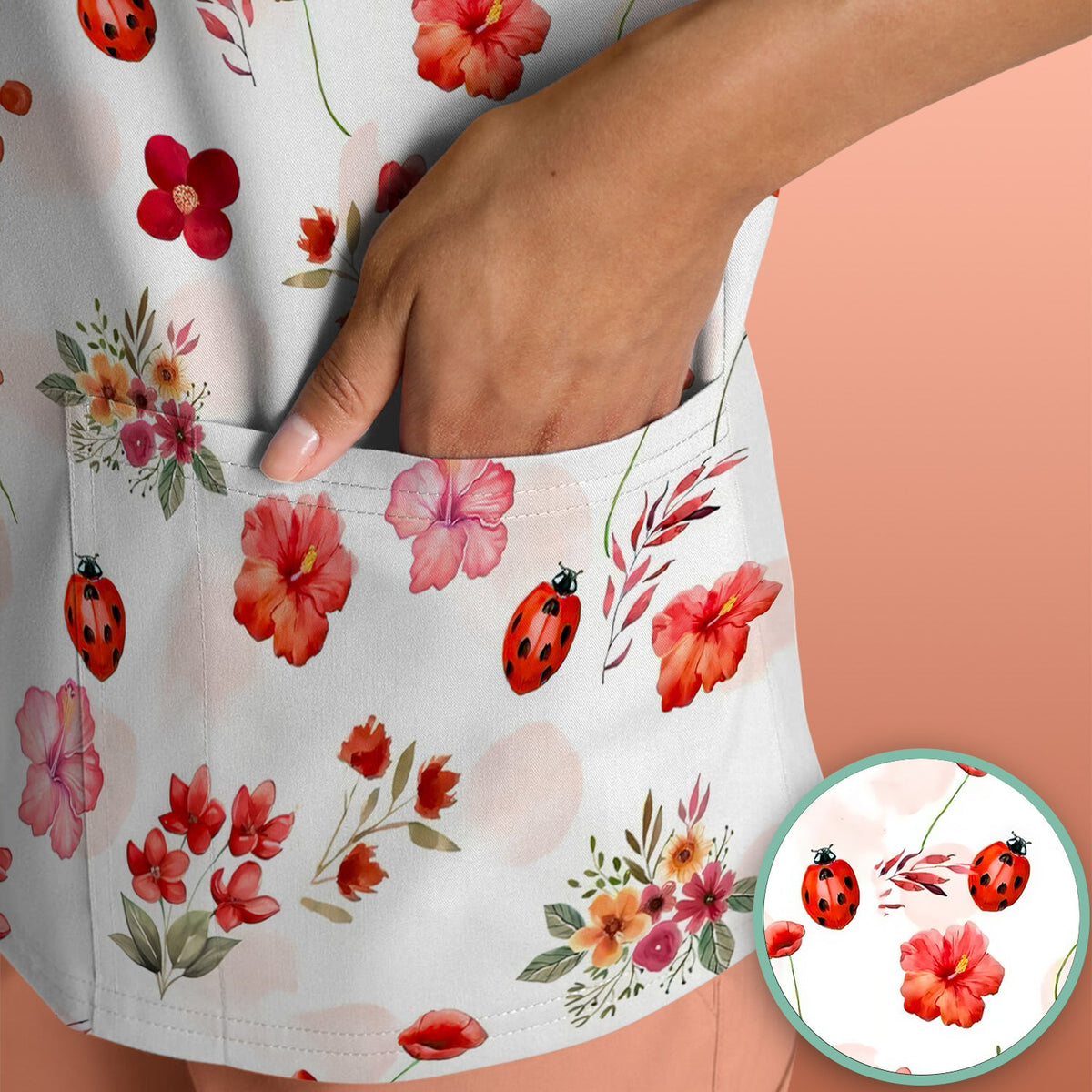 Red Ladybug Floral Garden Nurse Scrub Top