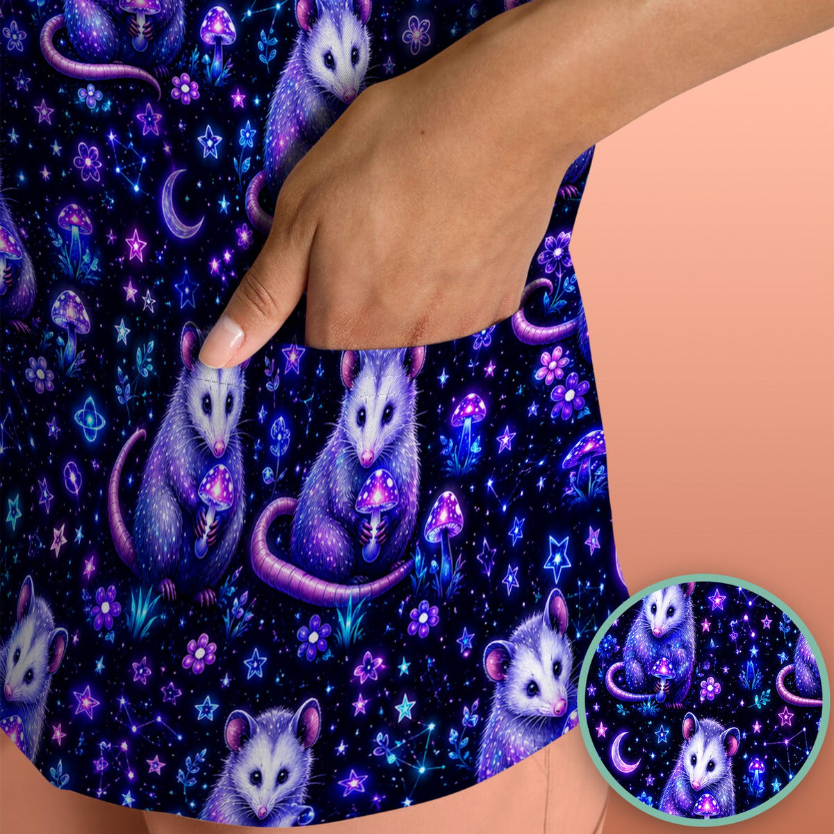 Neon Opossum Mushroom Galaxy Nurse Scrub Top