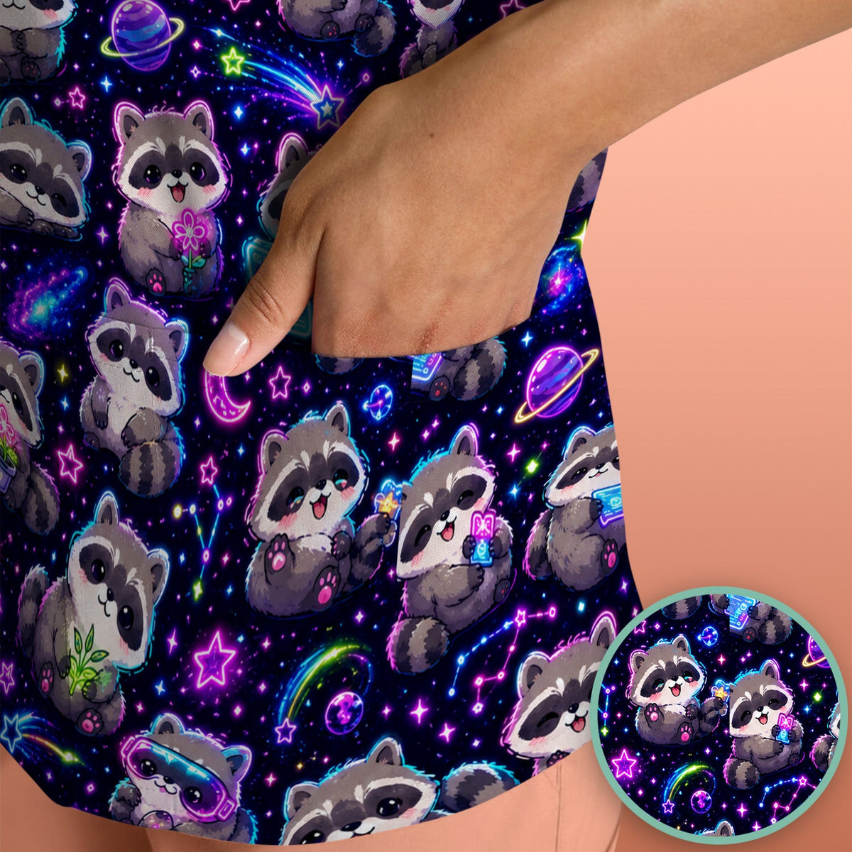 Neon Galaxy Raccoon Space Nurse Scrub Top