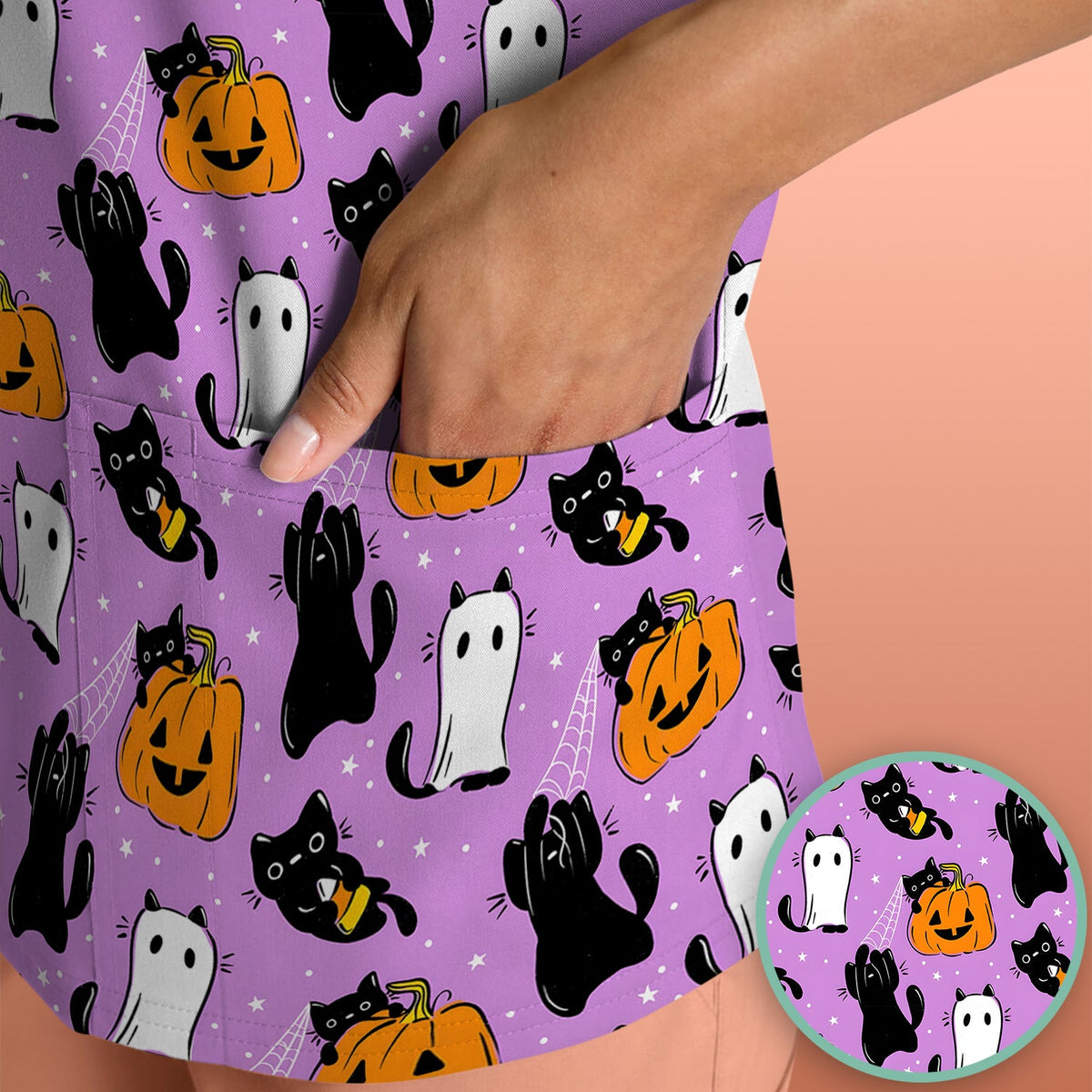 Purple Halloween Black Cat Nurse Scrub Top