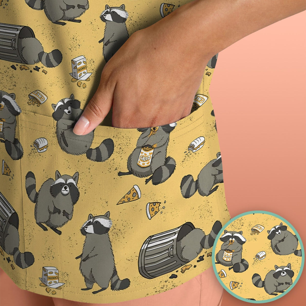 Raccoon Snack Trash Can Nurse Scrub Top