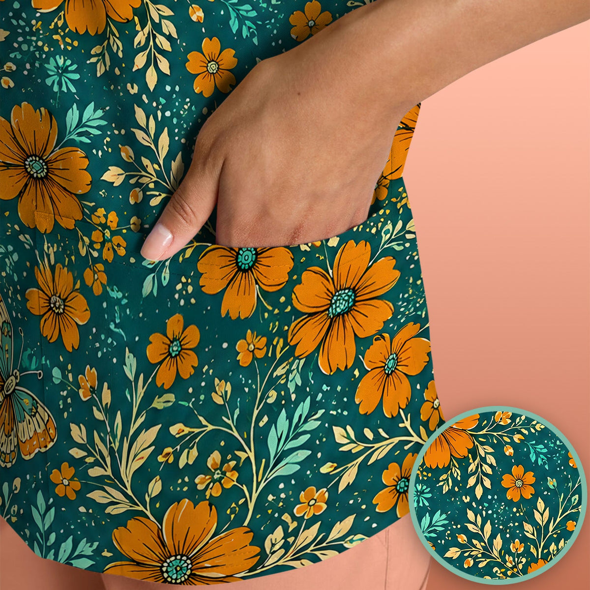 Orange Floral Butterfly Vine Nurse Scrub Top
