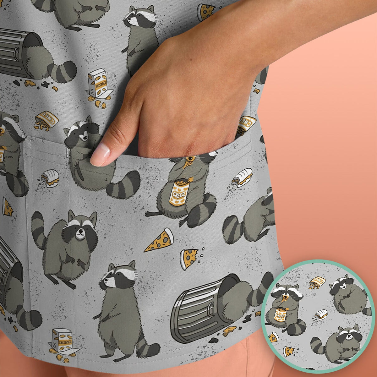 Raccoon Snack Trash Can Nurse Scrub Top