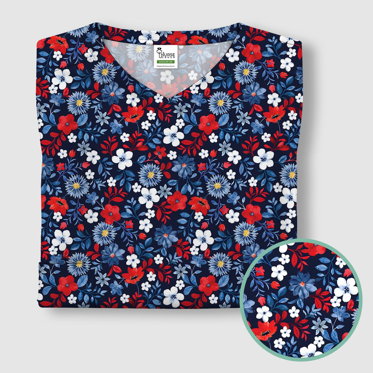 Classic Floral Print V Neck Scrub Top for Nurses, Blue Red Medical Uniform