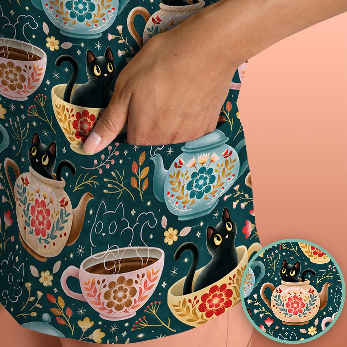 Black Cat Tea Party Veterinary Nurse Scrub Top