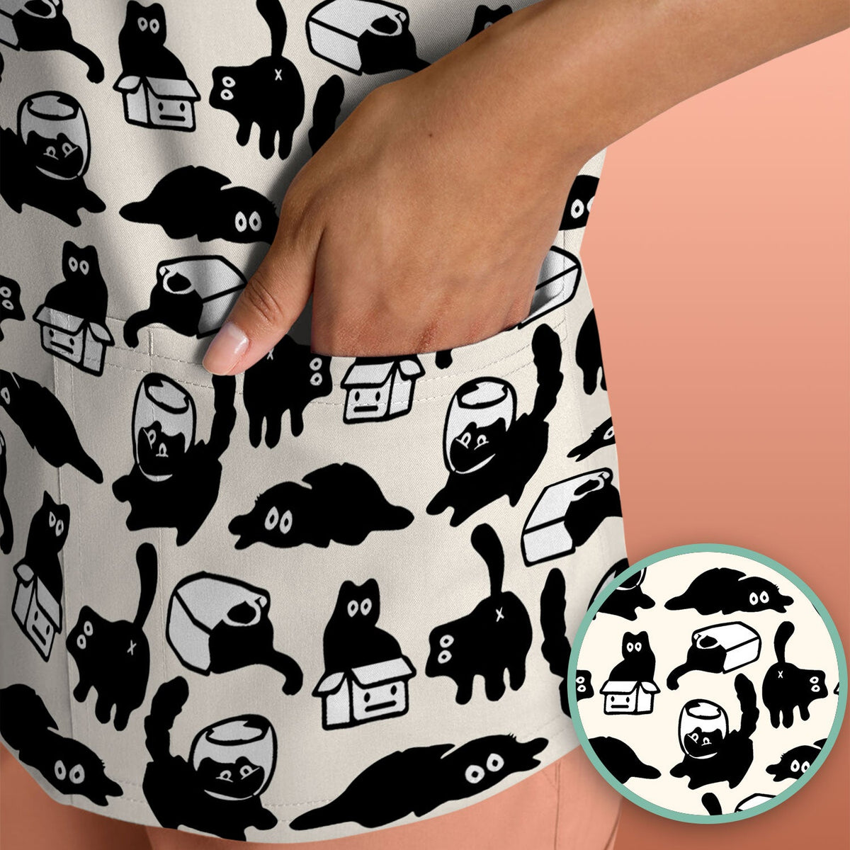 Dark Playful Cat Nurse Scrub Top