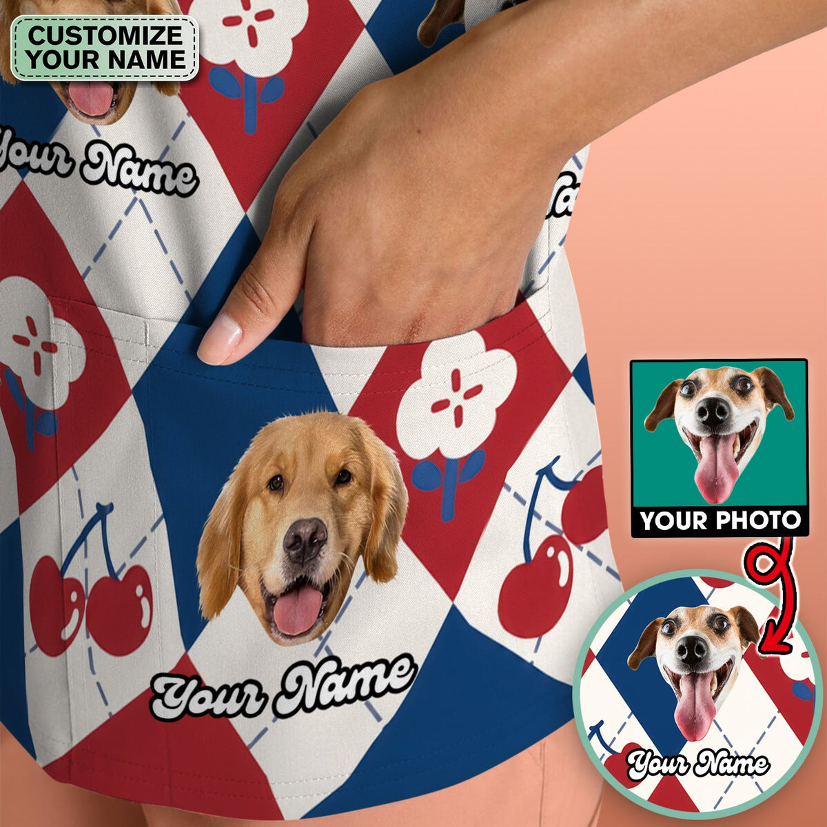Dog Face Cherry Argyle Nurse Scrub Top