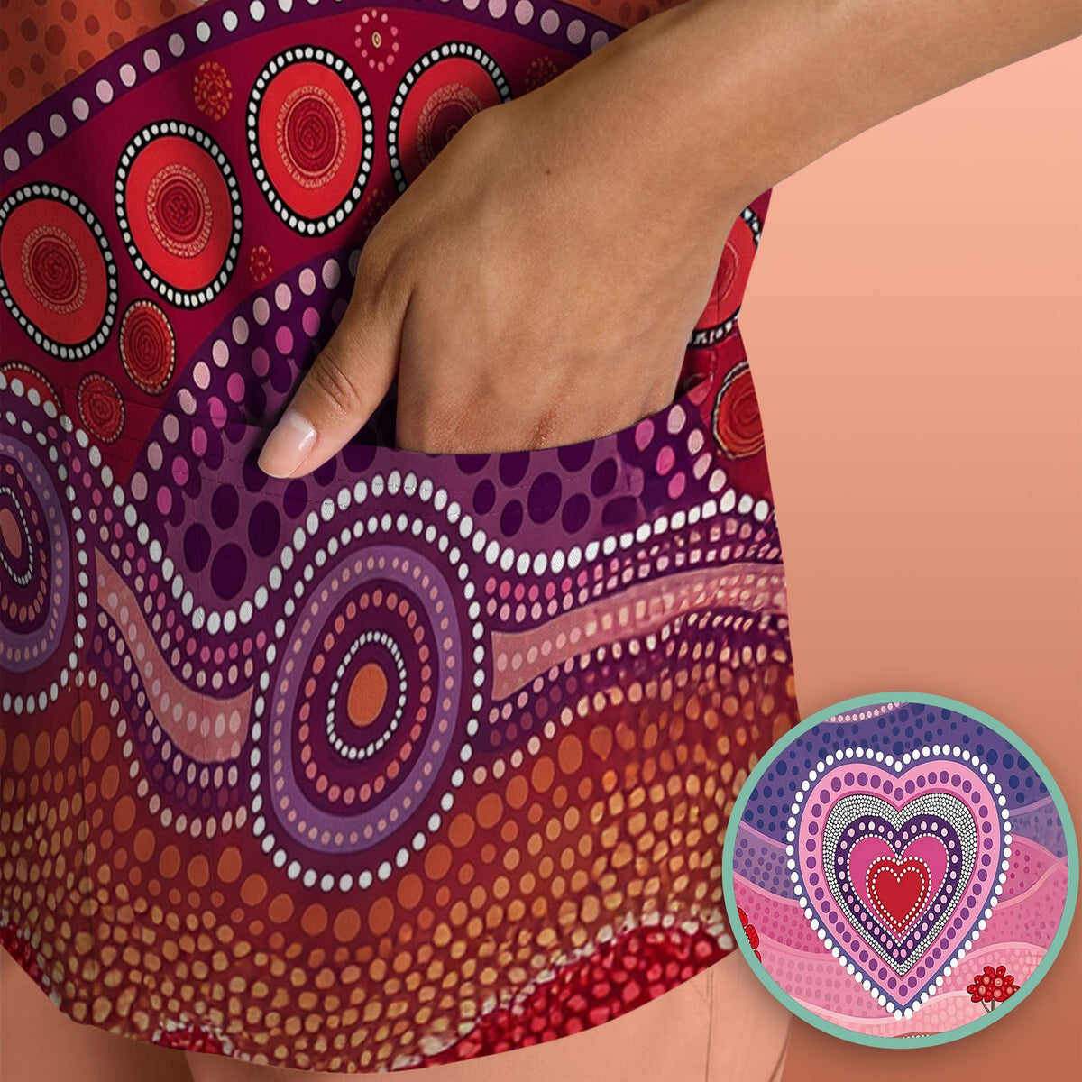 Boho Dot Art Valentine Scrub Top, Artistic Heart Pattern Nurse Shirt, Comfortable Scrubs For Nursing