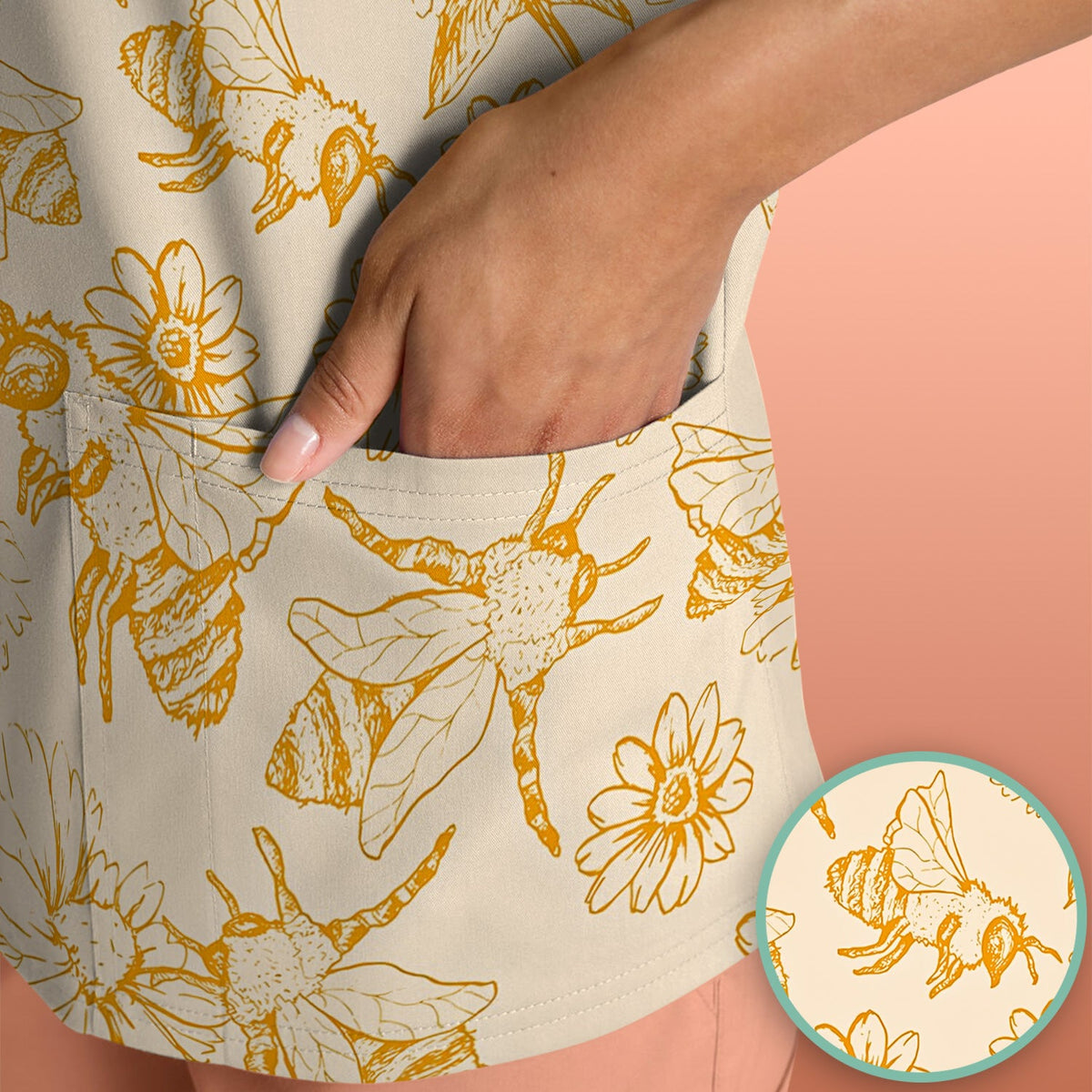 Honey Bee Flower Sketch Nurse Scrub Top