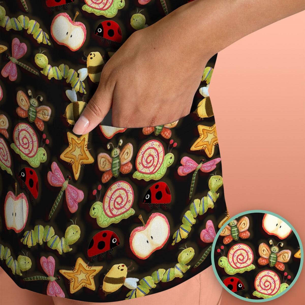 Snail Ladybug Caterpillar Apple Garden Nurse Scrub Top