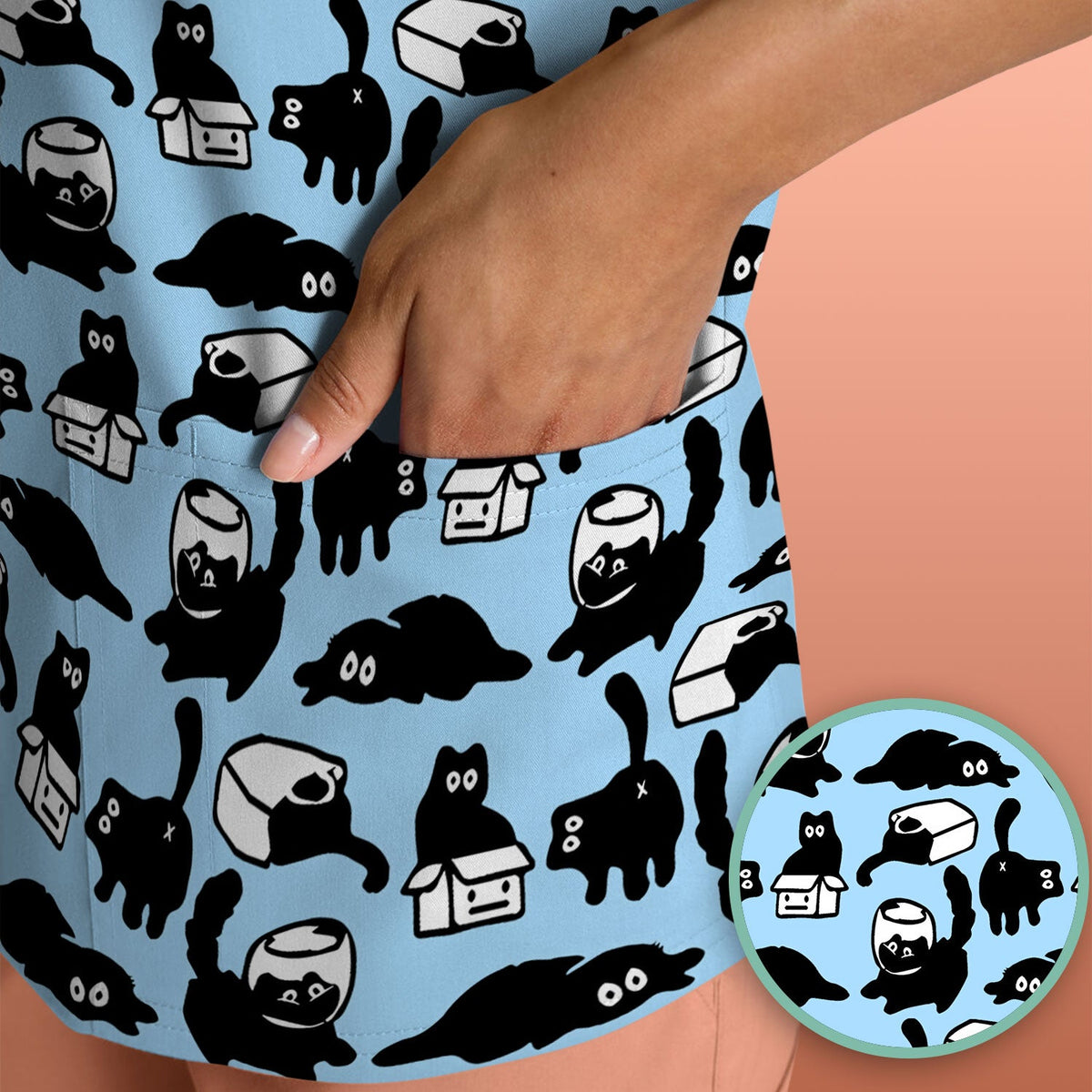 Dark Playful Cat Nurse Scrub Top