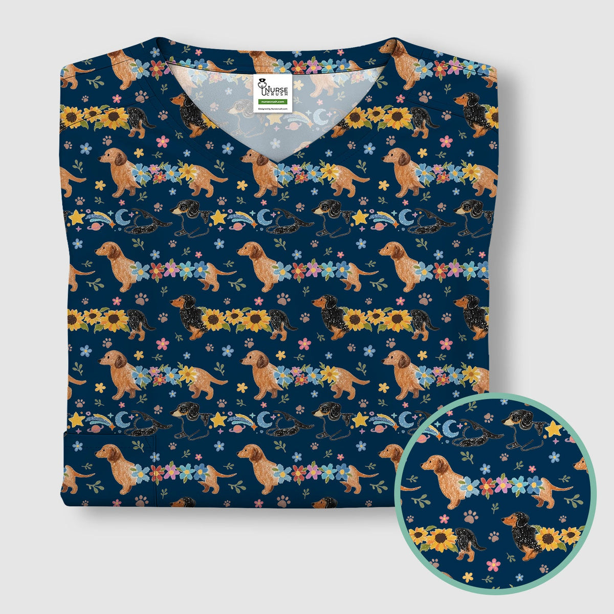 Floral Wiener Dog Nurse Scrub Top