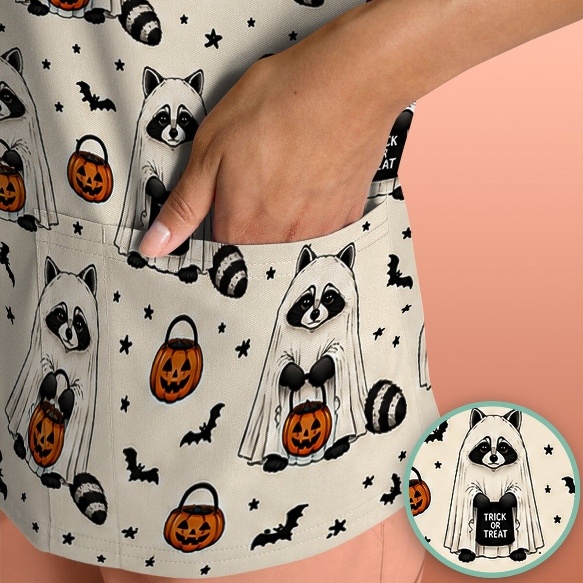 Halloween Ghost Raccoon Nurse Scrub Top