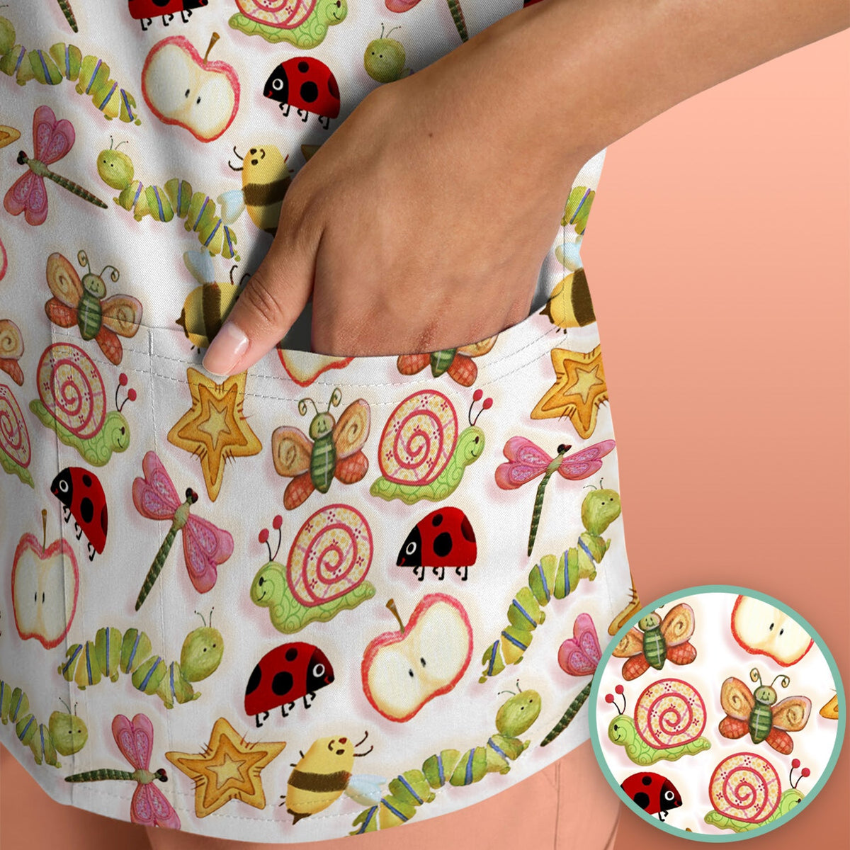 Snail Ladybug Caterpillar Apple Garden Nurse Scrub Top