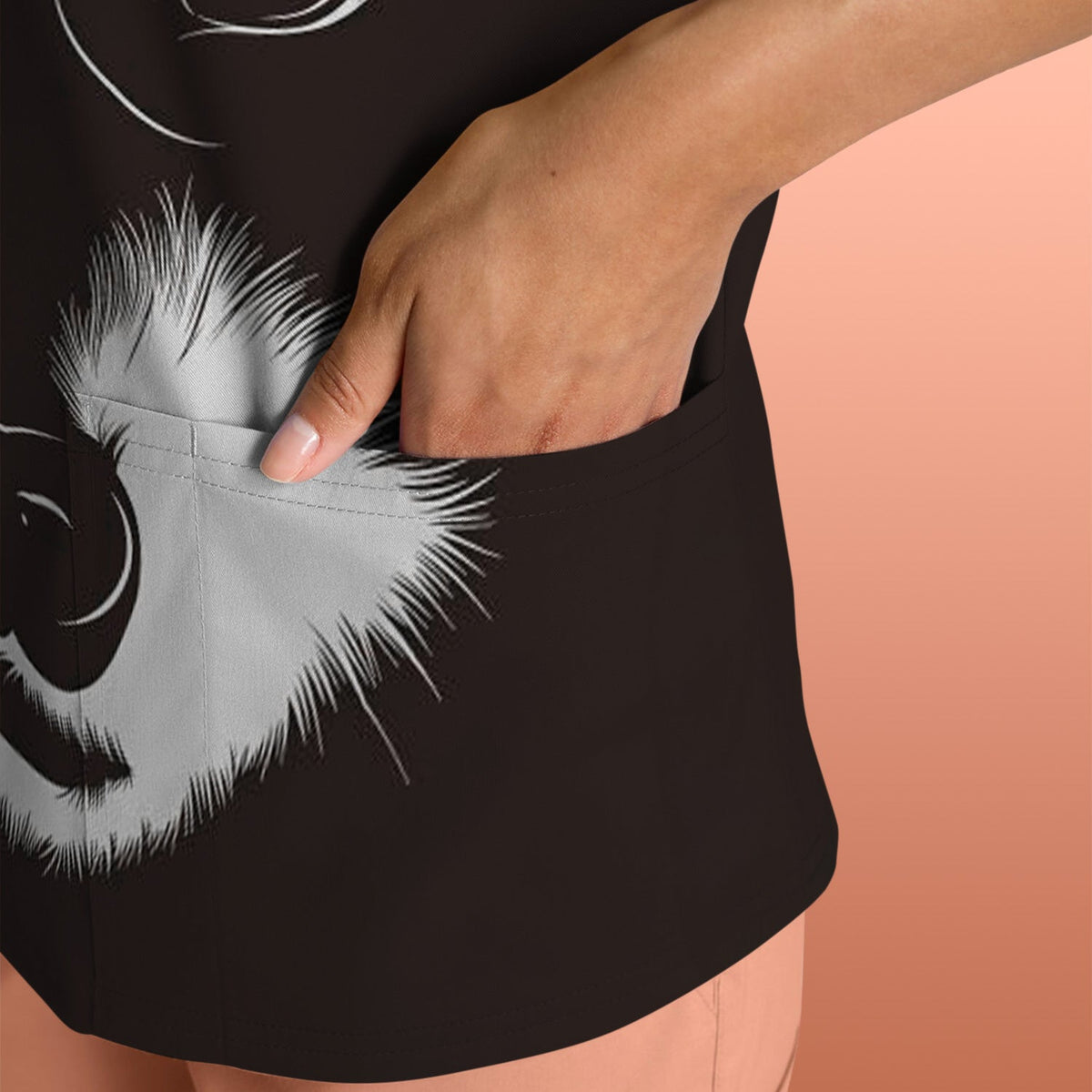 Black White Raccoon Face Nurse Scrub Top