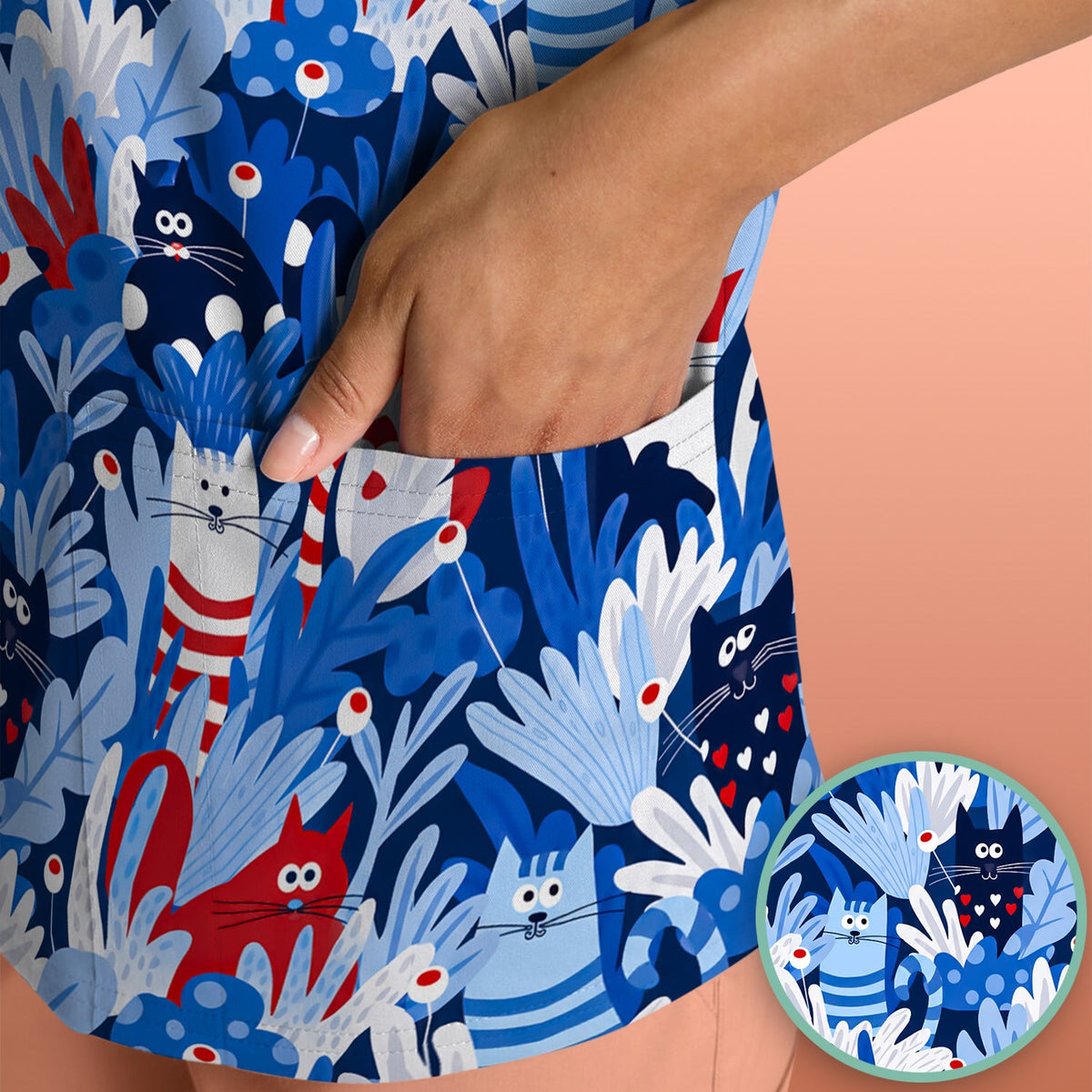 Cats Among Blue Foliage Nurse Scrub Top