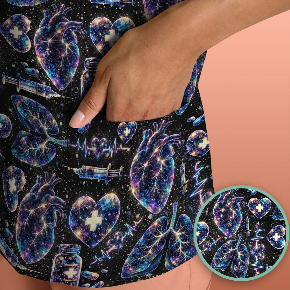 Galaxy Anatomical Heart Lung Syringe Nurse Scrub Top