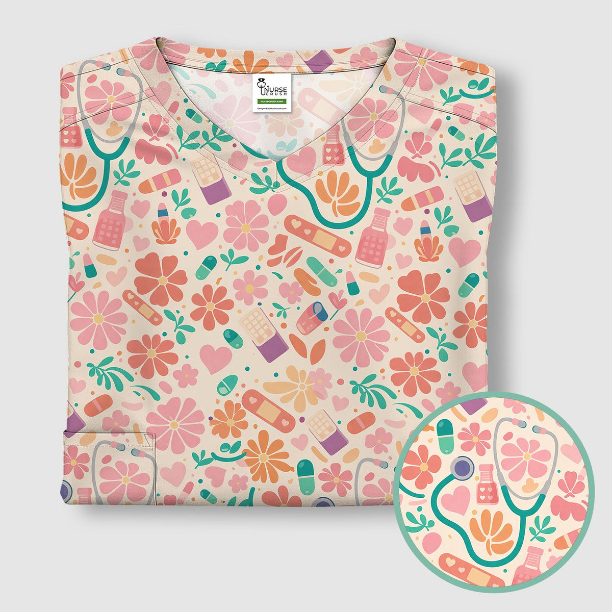 Medical Floral Nurse Scrub Top
