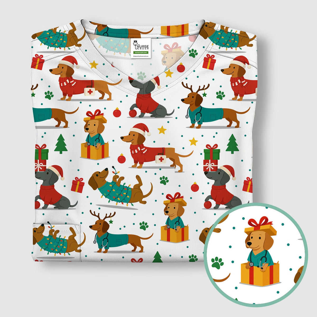 Dachshund Scrub Top Christmas - Cute Dog Nurse Shirt - Holiday Medical Scrubs Gift for Women CNA RN Doctor