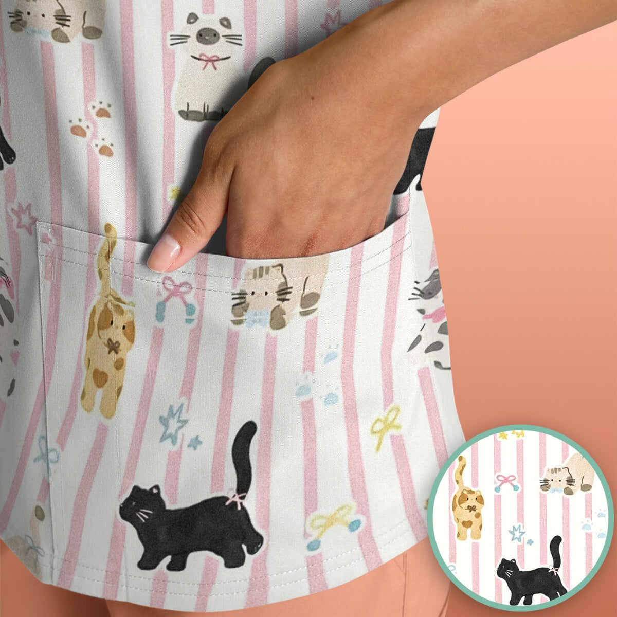 Playful Cat Stripe Ribbon Nurse Scrub Top