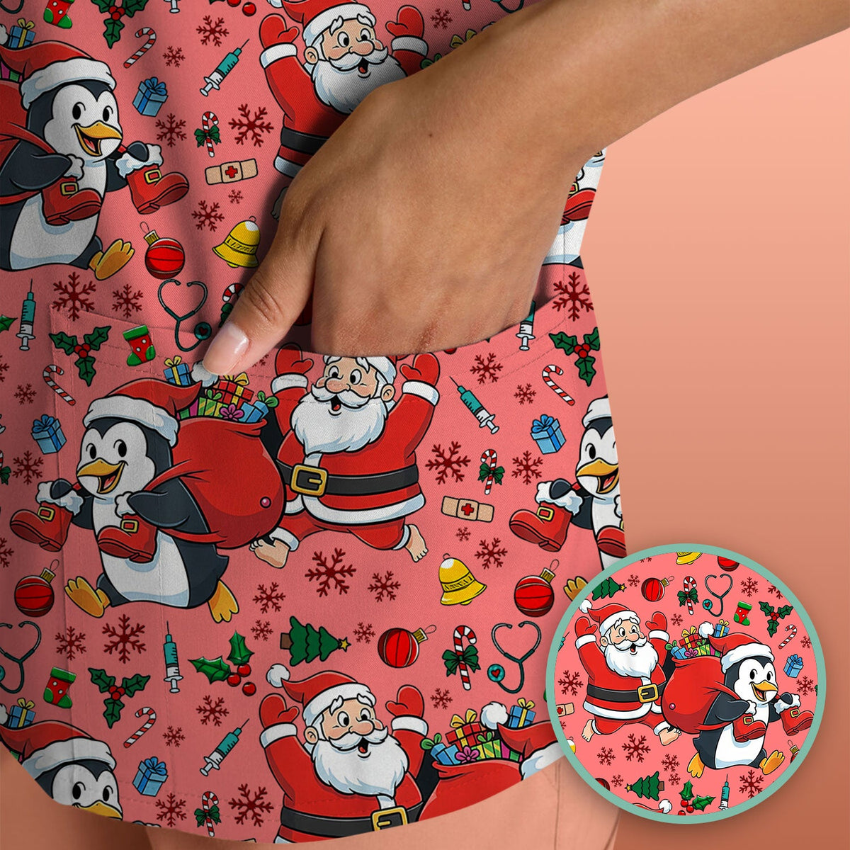 Penguin Santa Nurse Scrub Top - Christmas Gift