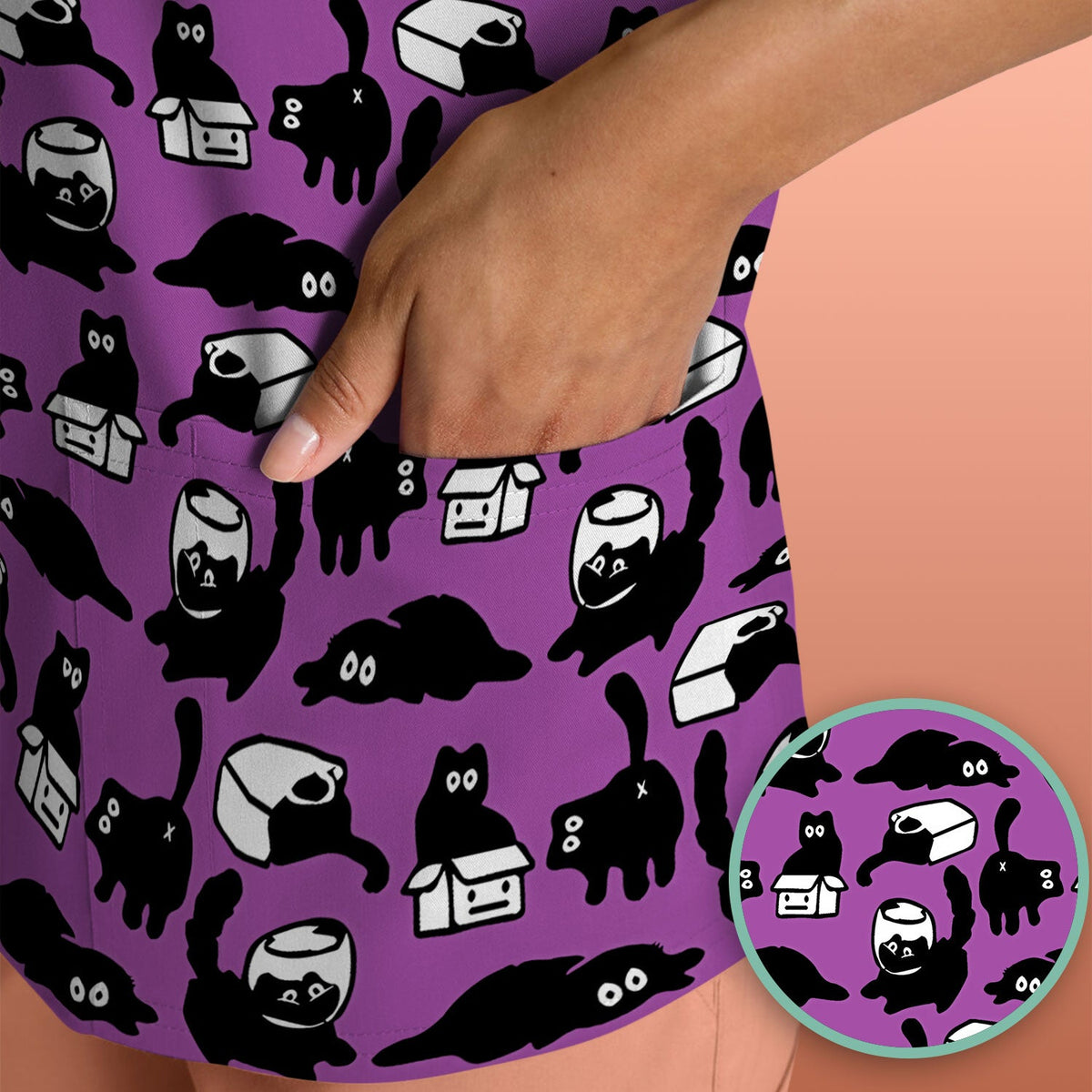 Dark Playful Cat Nurse Scrub Top