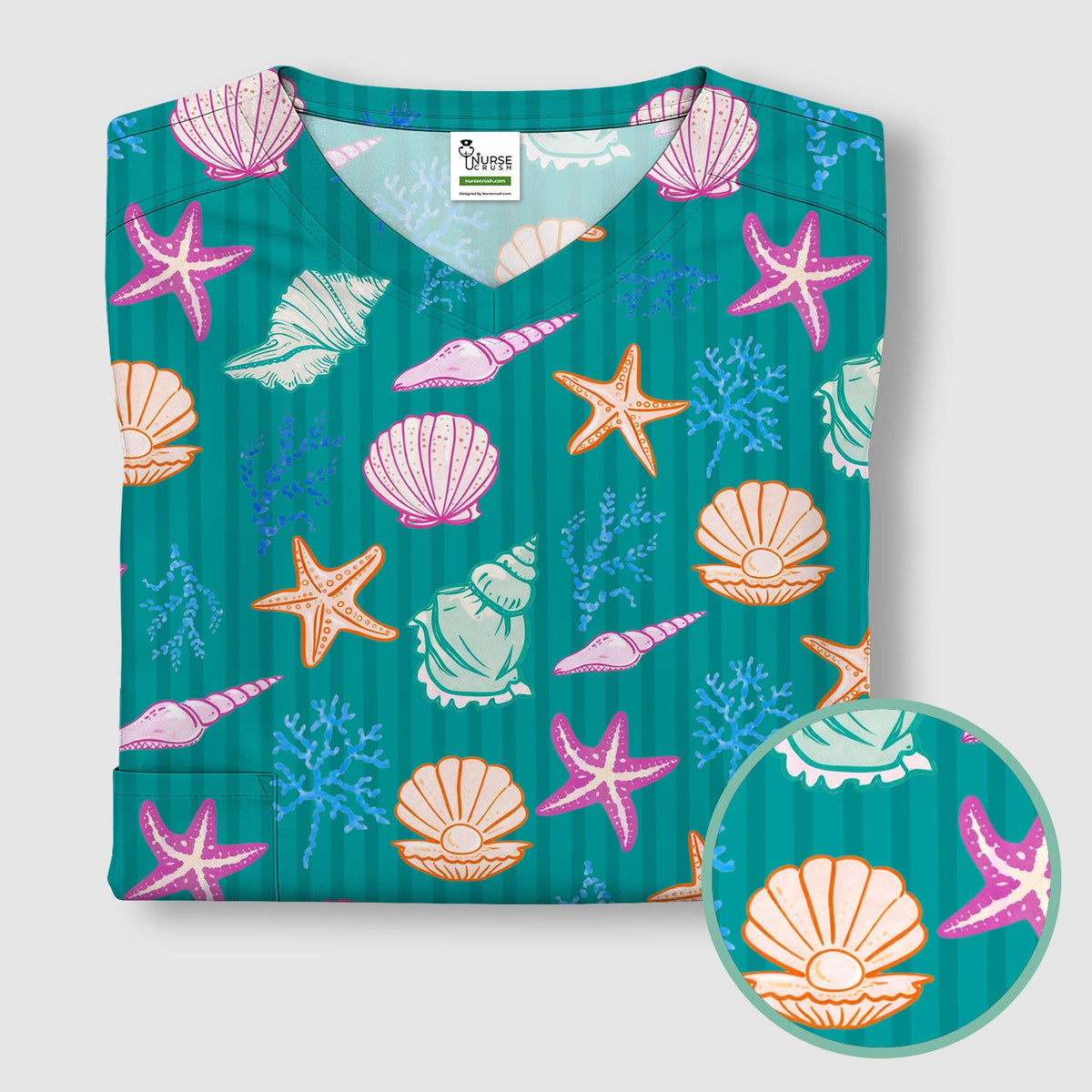 Colorful Seashell Starfish Ocean Stripe Nurse Scrub Top