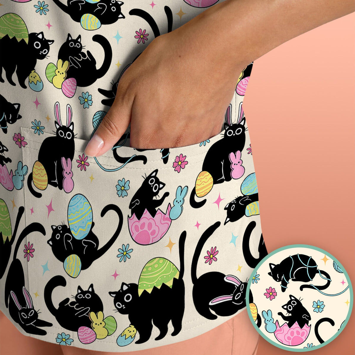 Black Cat Egg Nurse Scrub Top - Easter Gift
