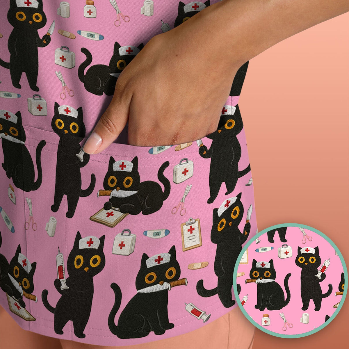 Cute Black Cat Nurse Scrub Top