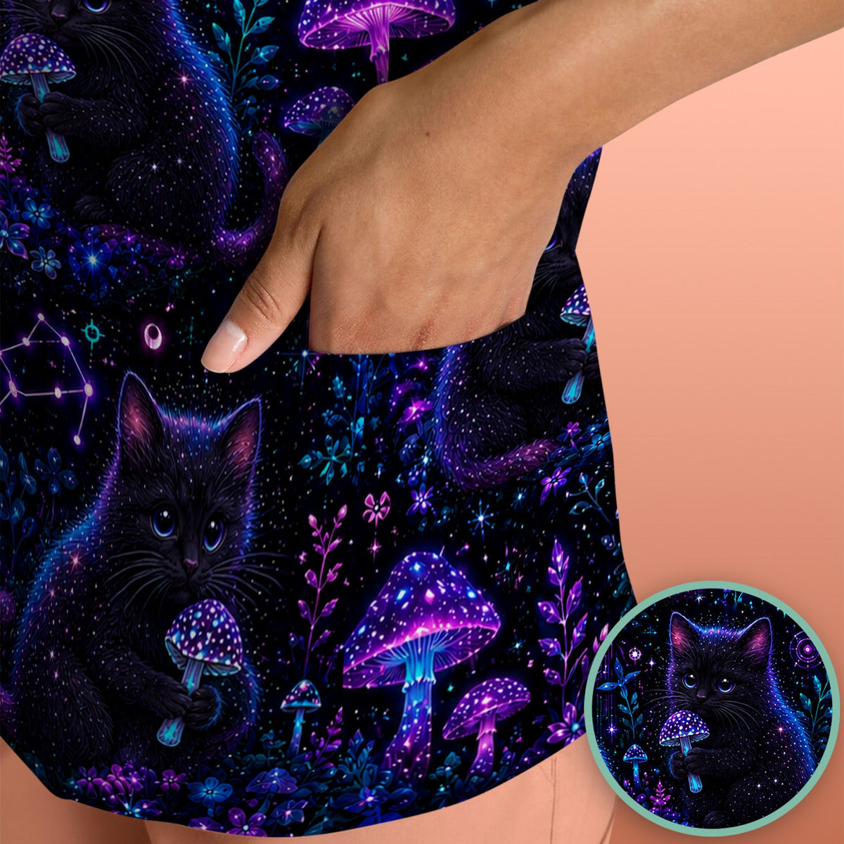 Neon Black Cat Mushroom Galaxy Nurse Scrub Top