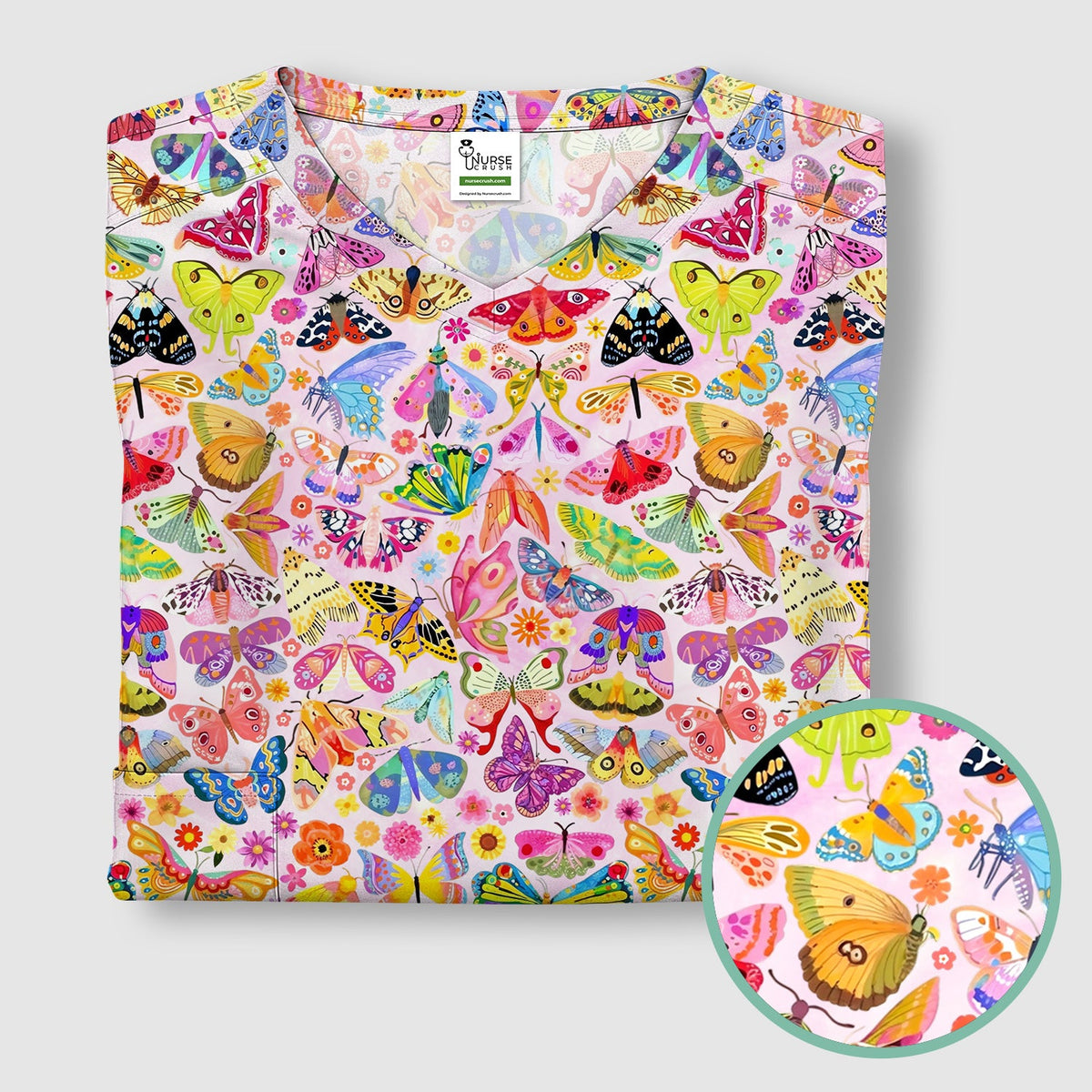 Cute Bright Butterfly Moth Floral Nurse Scrub Top