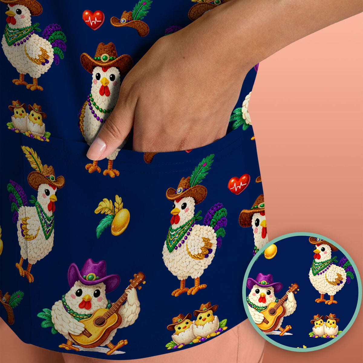 Mardi Gras Rooster Cowboy Nurse Scrub Top