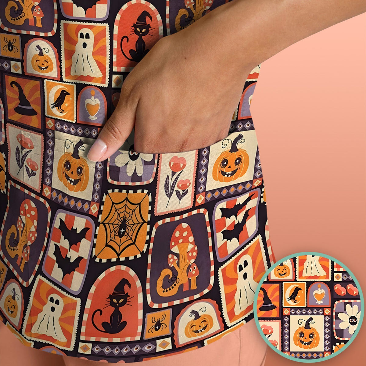 Retro Halloween Patchwork Nurse Scrub Top