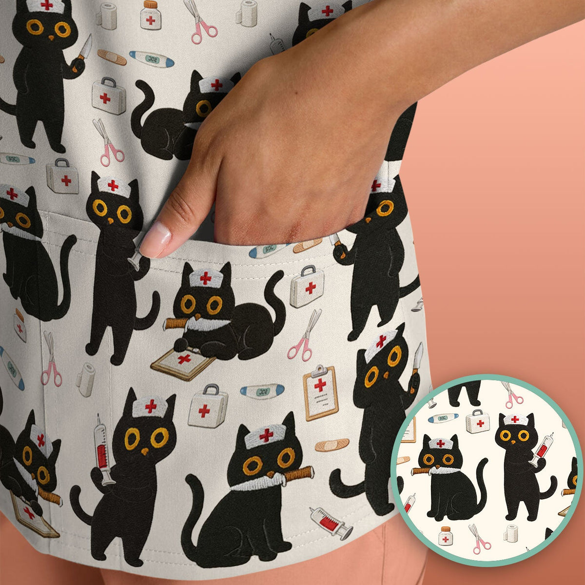 Cute Black Cat Nurse Scrub Top