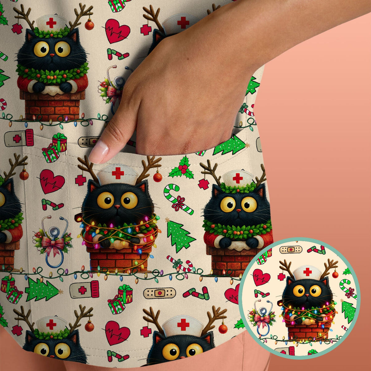 Reindeer Cat Christmas Lights Nurse Scrub Top