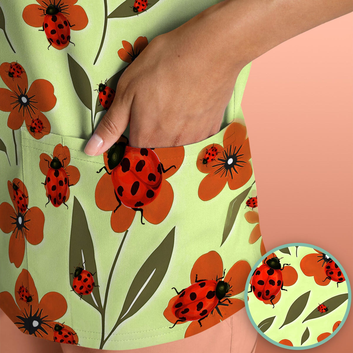Ladybug Orange Floral Garden Nurse Scrub Top