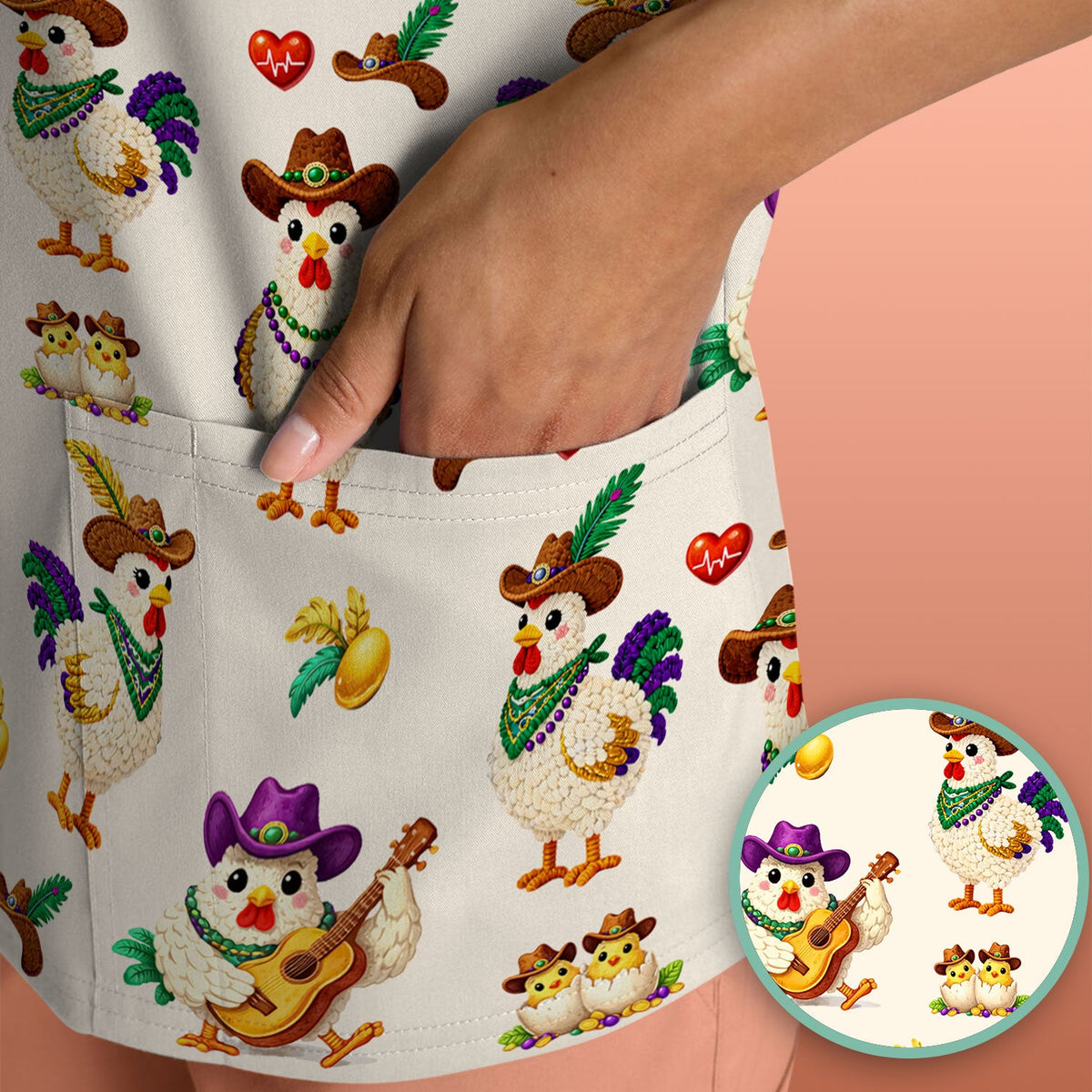 Mardi Gras Rooster Cowboy Nurse Scrub Top