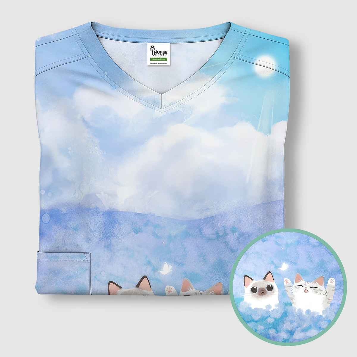 Dreamy Cat Cloud Hydrangea Nurse Scrub Top