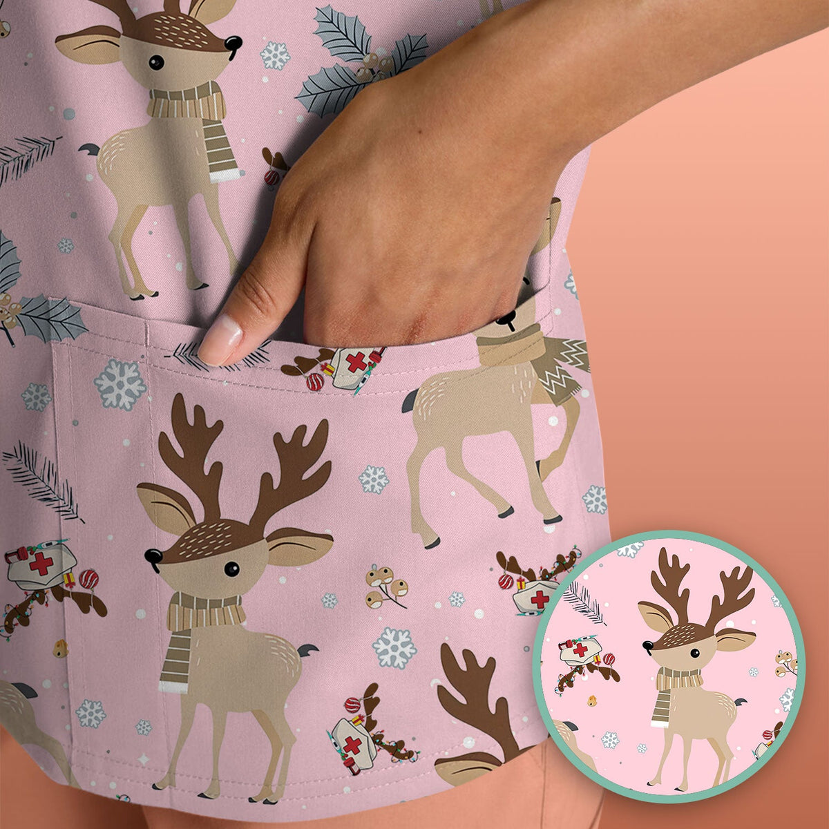 Reindeer Christmas Scrub Top - Cozy Beige Holiday Nurse Shirt with Cute Deer Pattern - Festive Medical Scrubs for Women RN CNA LPN