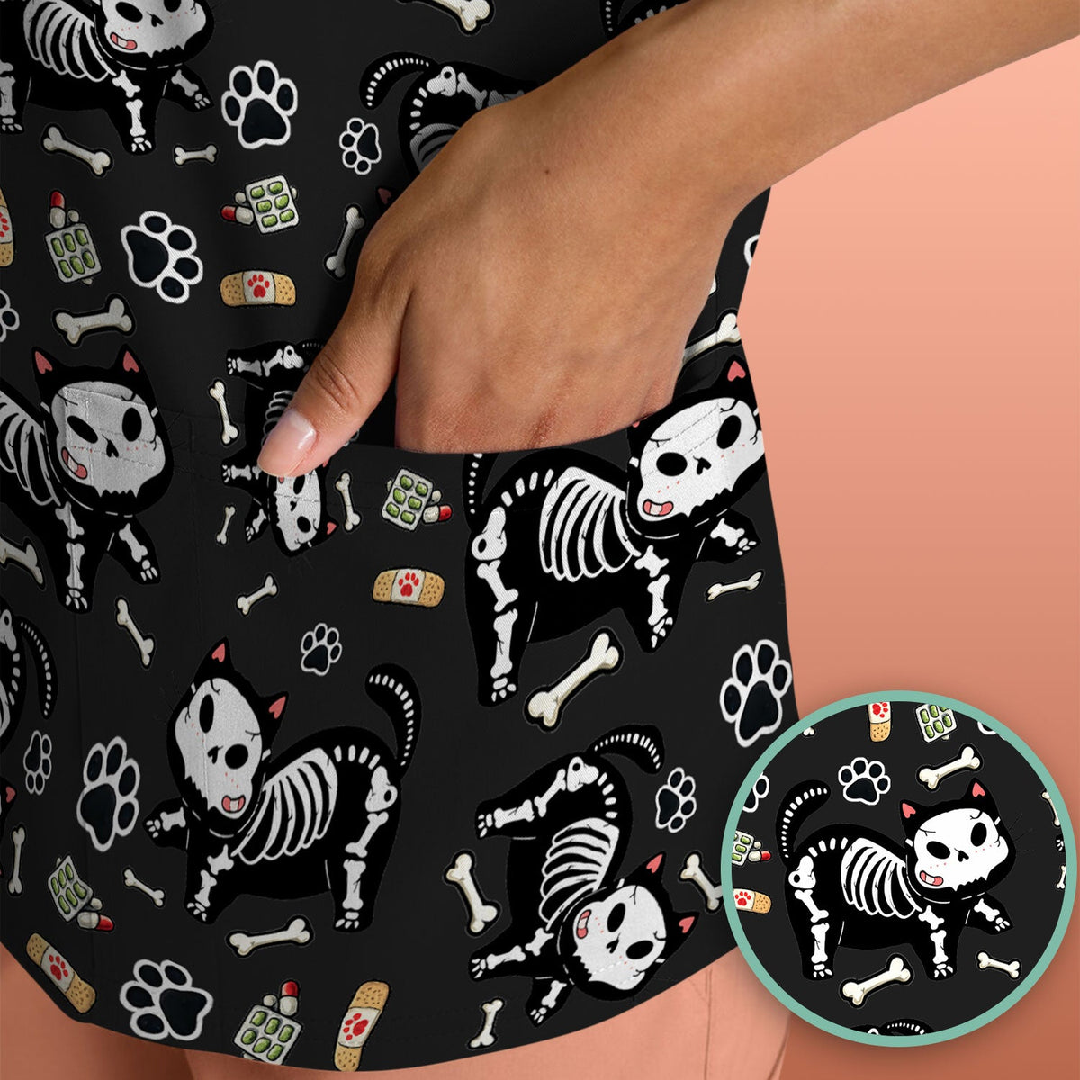 Skeleton Cat Medical Pattern Scrub Top, Comfortable Scrubs for Nurses