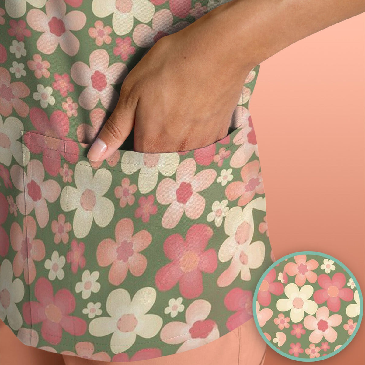 Retro Floral Print Nurse Scrub Top