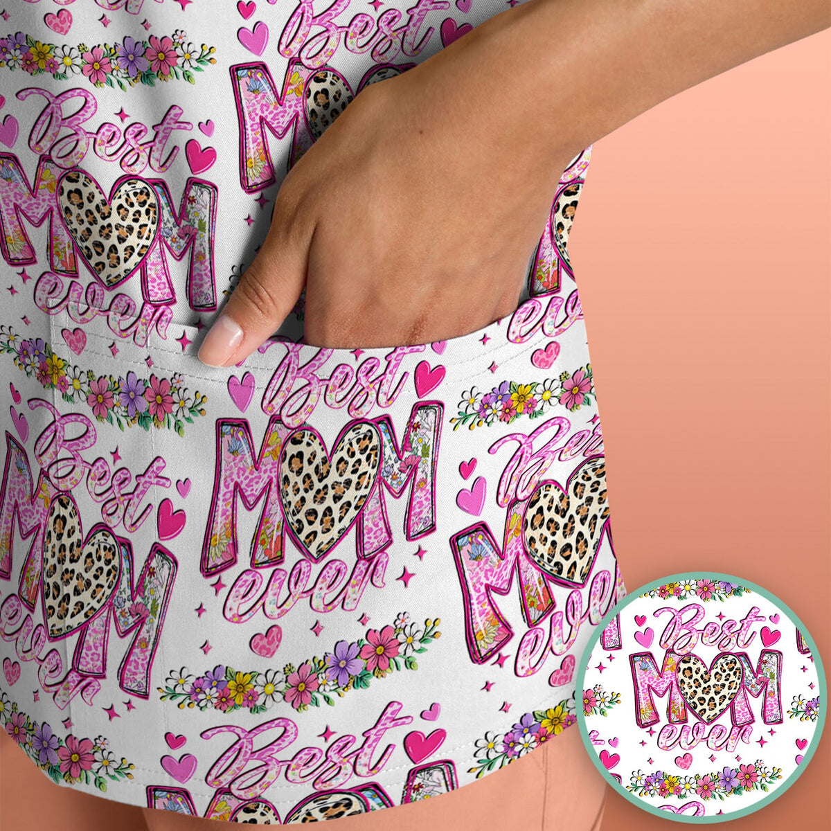 Best Mom Ever Leopard Heart Nurse Scrub Top