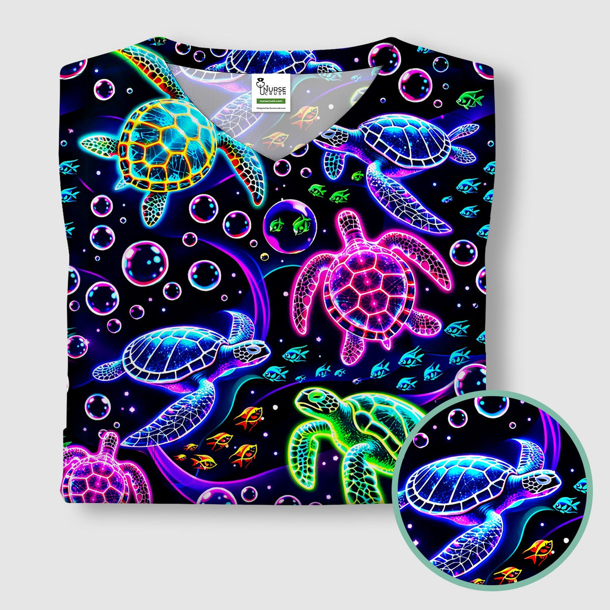 Neon Sea Turtle Swimming Bubble Ocean Scrub Top, Breathable Fabrics Nursing Uniform