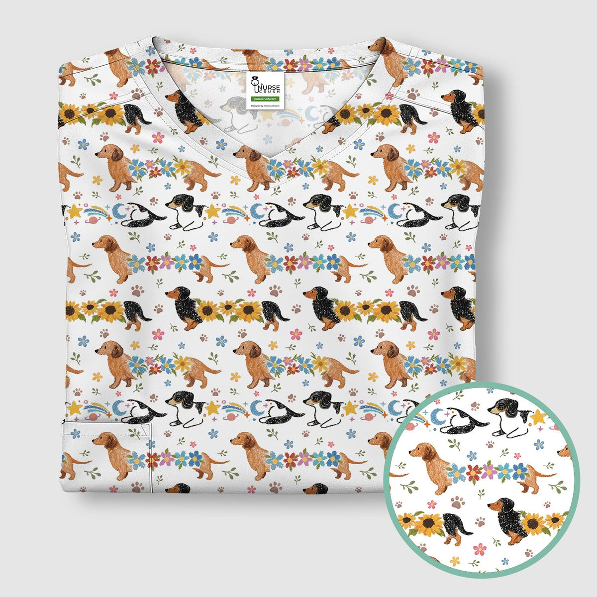 Floral Wiener Dog Nurse Scrub Top