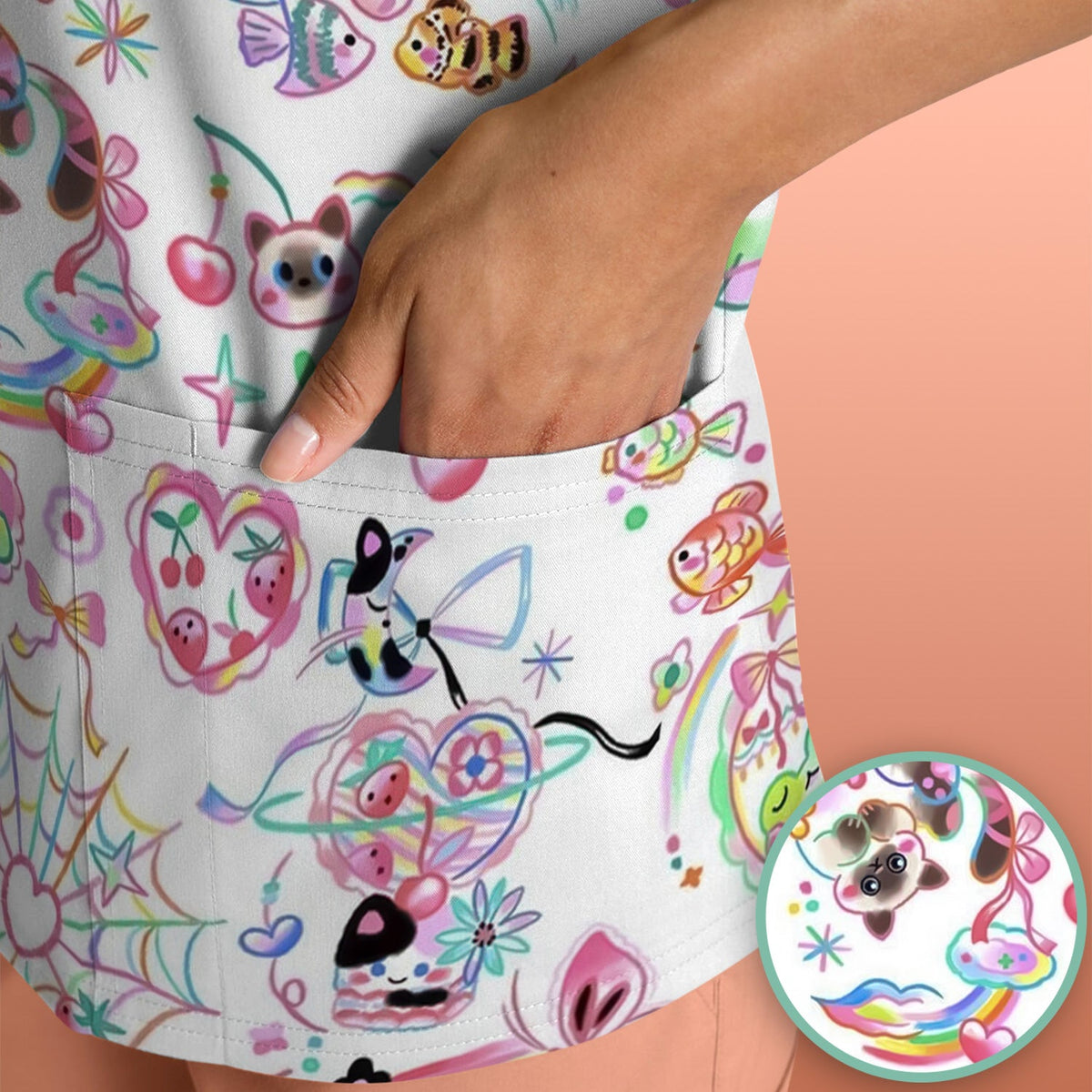 Kawaii Animal Rainbow Heart Nurse Scrub Top