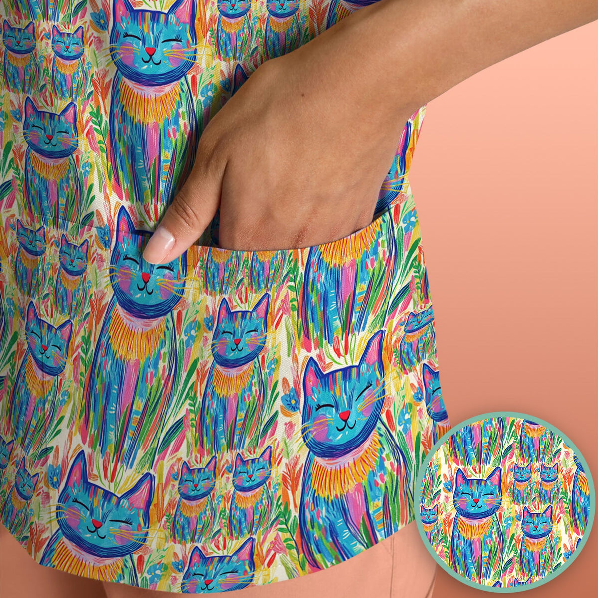 Colorful Rainbow Cat Floral Brushstroke Nurse Scrub Top