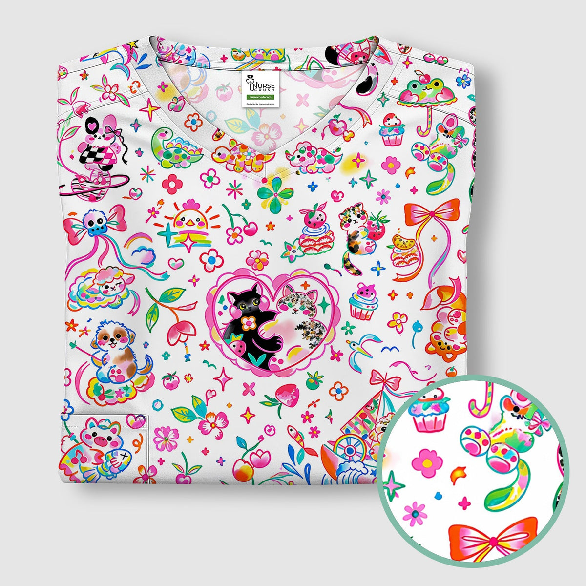 Colorful Kawaii Cat Heart Doodle Pattern Scrub Top, Comfortable Scrubs for Nurses