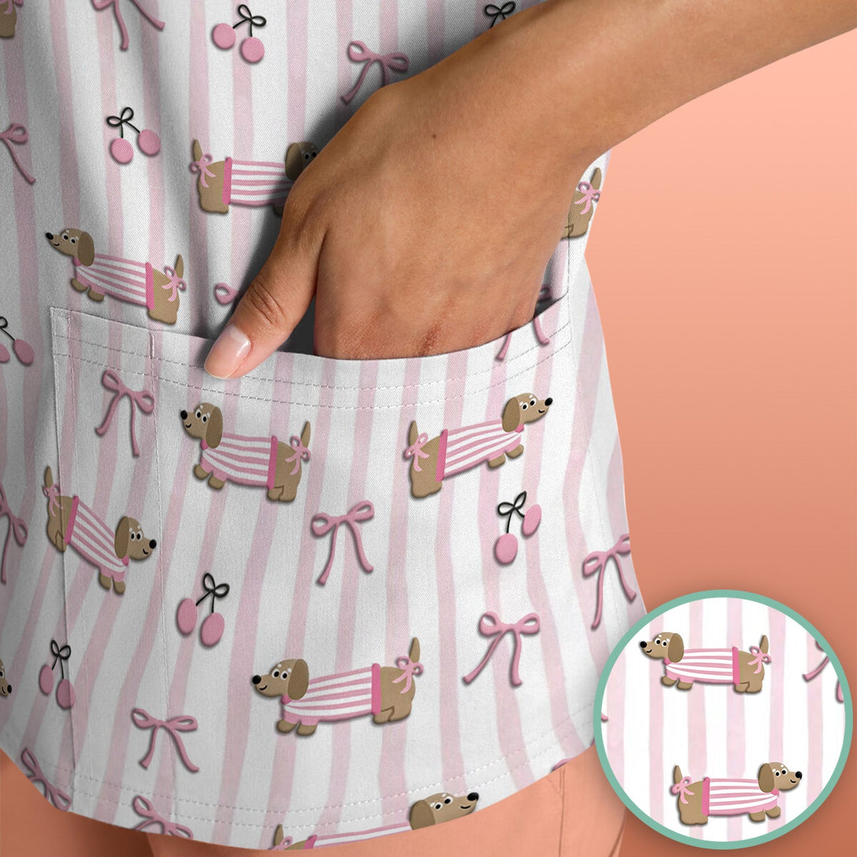 Dachshund Pink Stripe Nurse Scrub Top