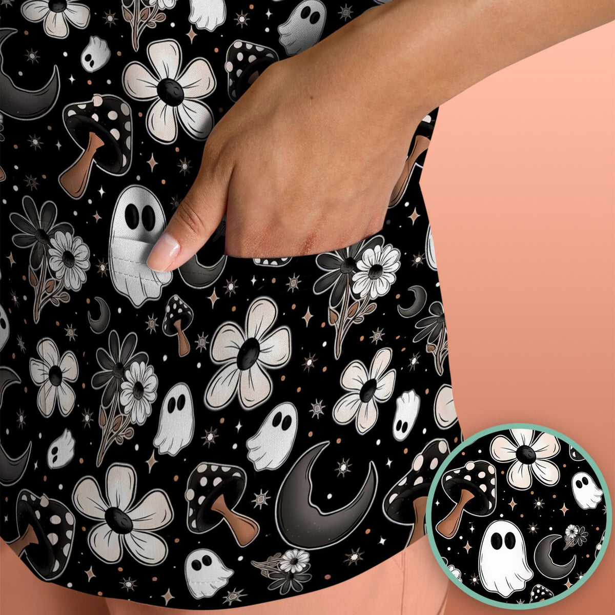 Floral Mushroom Ghost Nurse Scrub Top