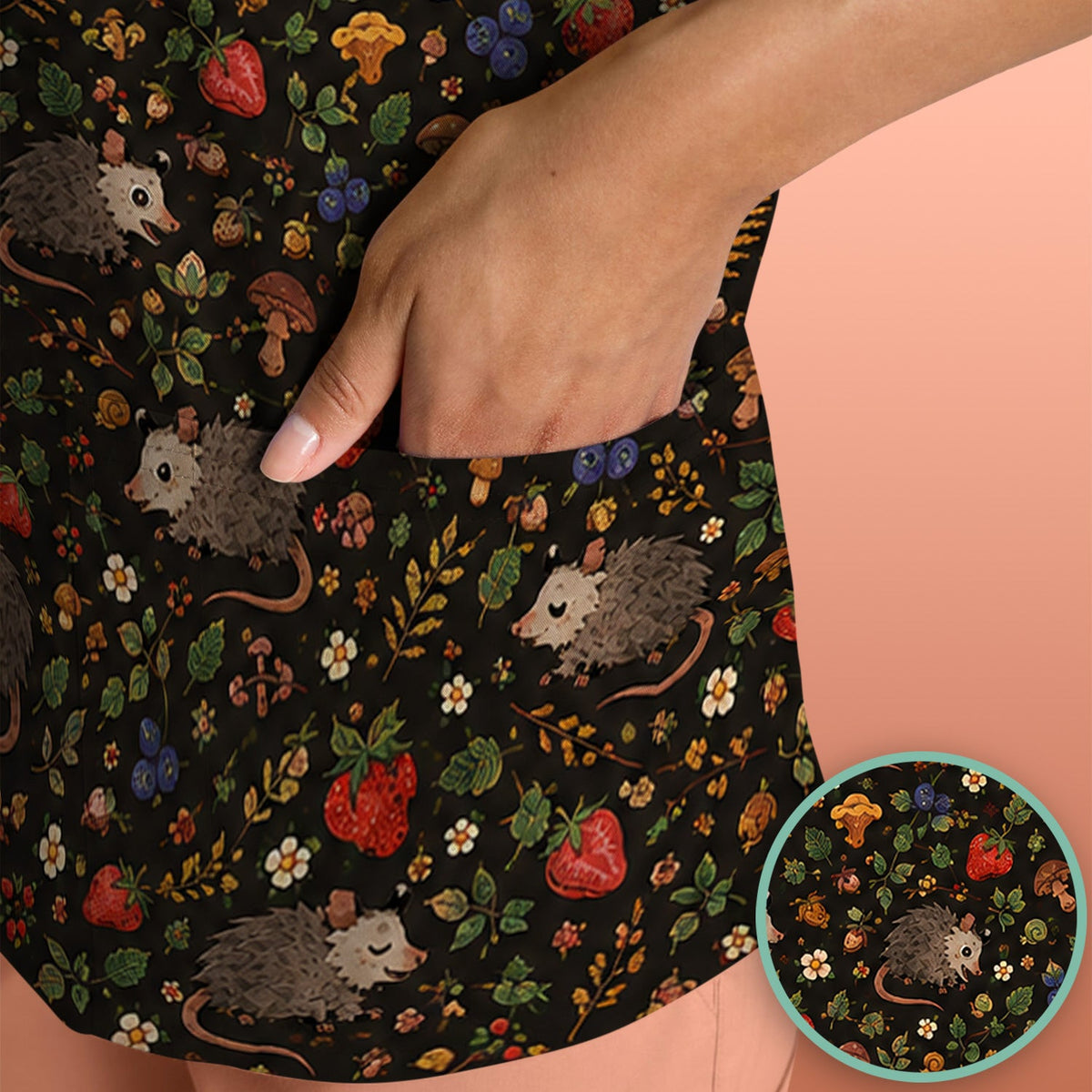 Woodland Opossum Berry Mushroom Nurse Scrub Top
